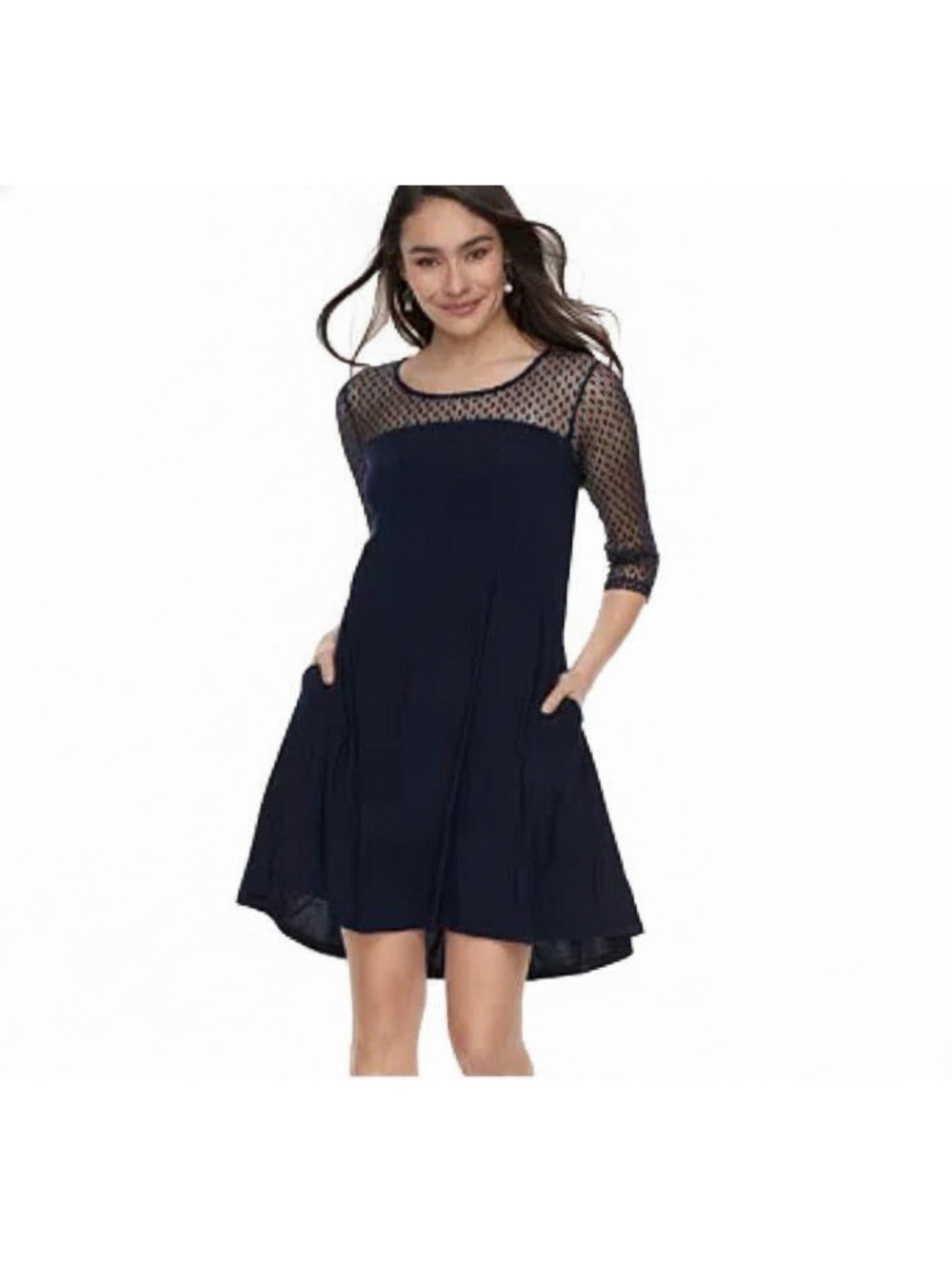 NWT Nina Leonard Polka Dot Mesh Illusion Yoke Swing Dress Size Large